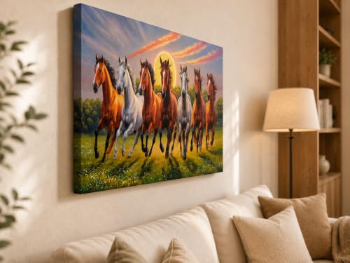 Image of 7 Horse Vastu Sunrise Canvas Painting | Positive Energy Wall Decor | Big Size Premium Running Horses Artwork for Home, Office & Hall Decoration (Modern, Brown Horse, 26x18 Inch)