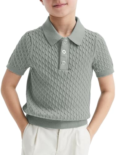 Image of Haloumoning Boys Cable Knit Polo Shirt Sweater Kids Short Sleeve Fashion Pullover T-Shirts Clothes 5-14 Years