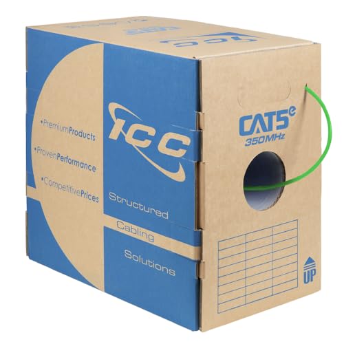 ICC Cat5e CMR Riser Ethernet Cable, 1000ft, UTP 24AWG Solid Copper, Green