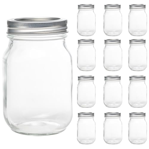 Yodecy 12 Pack 16oz Mason Jars, Regular Mouth jars with Silver Metal Lids, Canning Jars for Overnight Oats, Food Storage, Dry Food, Snacks, Candies and More