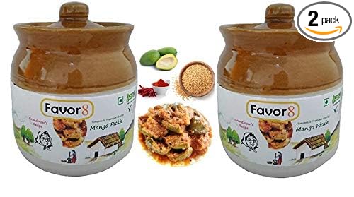 Favor8 Home Made Indian Traditional Spicy Keri Mango Pickle, Aam ka Achar, Made by Pure Mustard Oil, Tangy, Spicy, and Salty,Pickle in Ceramic Jar (400ml) - Pack of 2 x 350g