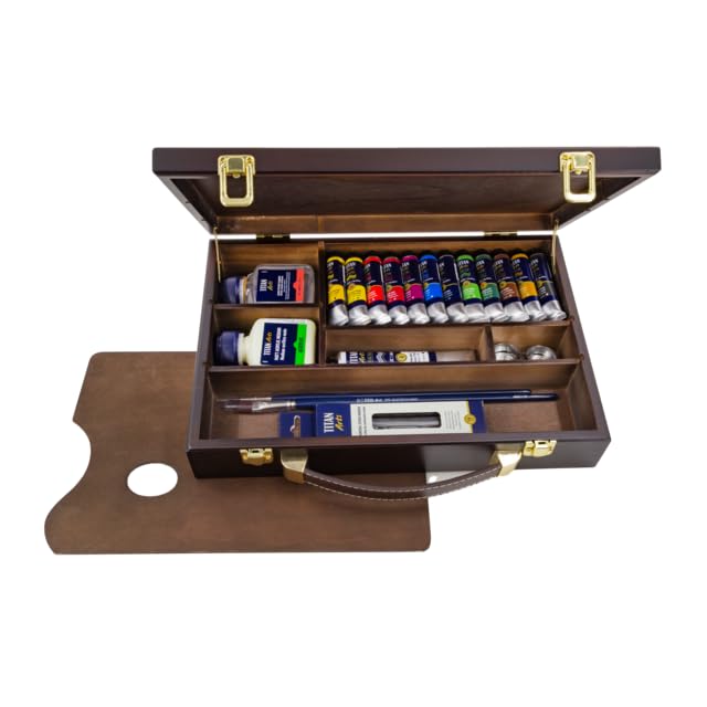 Titan Arts Pinturas acrílicas extrafinas en caja de madera, tubos de 12 x 20 ml + 1 tubo de 60 ml, con accesorios