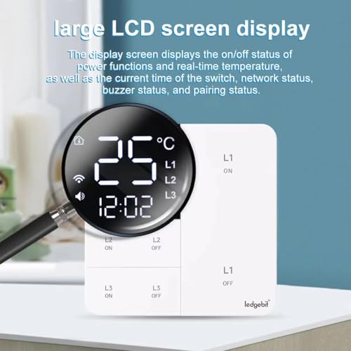 Image of Ledgebit Smart Zigbee Touch Light Switch with Timer & Temperature Display - Alexa & Smart Life Compatible | Zigbee Bridge-Hub Required | Glass Panel