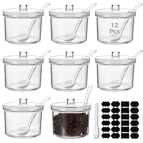 Homaisson 12 PCS Ice Cream Topping Containers with Lids - 6.7 oz Acrylic Clear Sugar Bowl for Countertop with Lid and Spoon, 200 ml Canisters with 24 Labels & Pen for Coffee Tea Tea Spice