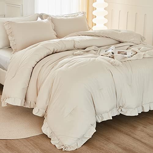 Litanika Full Comforter Set Beige, 3 Pieces Ruffle Farmhouse Aesthetic Bedding Comforter Set, Lightweight Fluffy Microfiber Bed Set (79x90In Comforter, 2 Pillowcases)