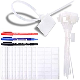 Glarks 200-Pieces 6 Inch Nylon Cable Marker Ties Self-Locking Cord Tags Write on Ethernet Label Wire Straps with 3 Marker Pens and 288Pcs White Self-Adhesive Cable Labels for Home and Office Use