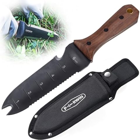 PERWIN Hori Hori Garden Knife, Garden Tools with Sheath for Weeding,Planting,Digging, 7" Stainless Steel Blade with Cutting Edge, Full-Tang walnut Wood Handle with Hanging Hole Cover