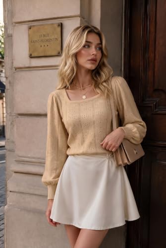 Image of HOTOUCH Sweaters for Women 2026 Fall Trendy Tops Casual Puff Sleeve Square Neck Cute Tunic Pullover Blouses XS-XXL