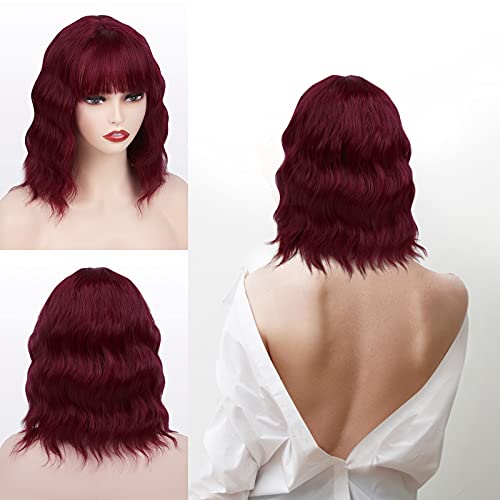 Wine Red Short Wig with Bangs Red Wave Bob Wigs for Women Shoulder Length Synthetic Curly Wig Natural Looking Heat Resistant Wigs for Cosplay Costume Party 12 Inch