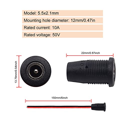 Weideer 5Pcs 10A Dc Power Jack Cord Socket 5.5X2.1Mm Threaded Female Mount Connector Adapter With 15Cm 18Awg Pre-Soldered Wires Waterproof Cover Cap K-078 #TOP3