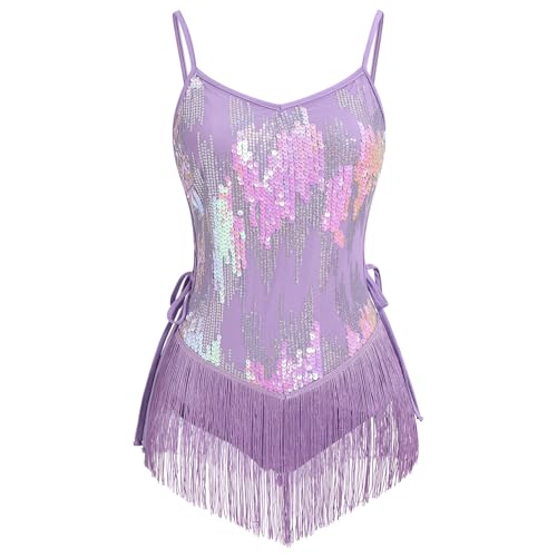 EFOGEP Damen Latein Tanz Pailletten Fransen Bodysuit Sparkly Quaste Lace Up Leotard Sexy Festival Rave Konzert Cocktail Party Outfits Lila M
