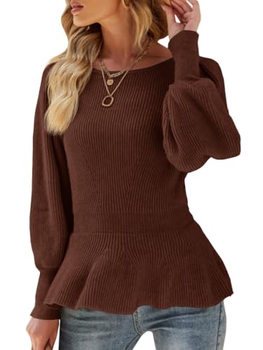 Image of Womens Fall Puff Sleeve Peplum Casual Slim Fit Knit Pullover Sweater Jumper Tops