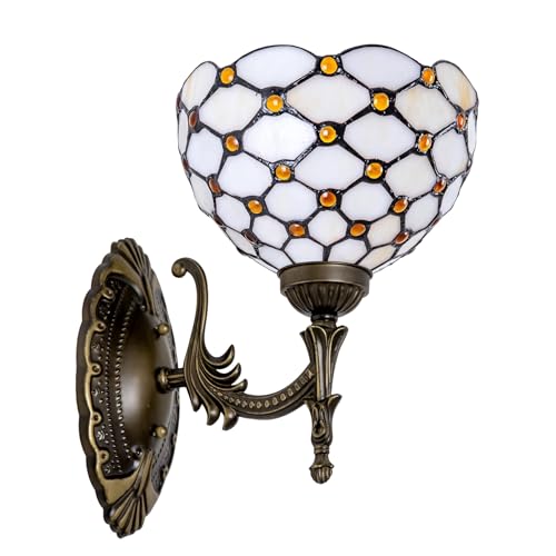 Image of Tiffany Style Wall Sconce Amber White Pearls Stained Glass Bedside Lamp with Classic 8 Inches Lampshade for Bedroom Hallway Living Room Home Office