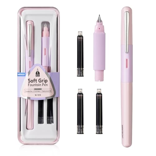 Image of WRITECH Fountain Pen Soft Grip: Fine Nib Black Ink Pen with 3 Ink Cartridges and 1 Replacement Nib Set Smooth Writing for Journaling Calligraphy Gift (Pink)