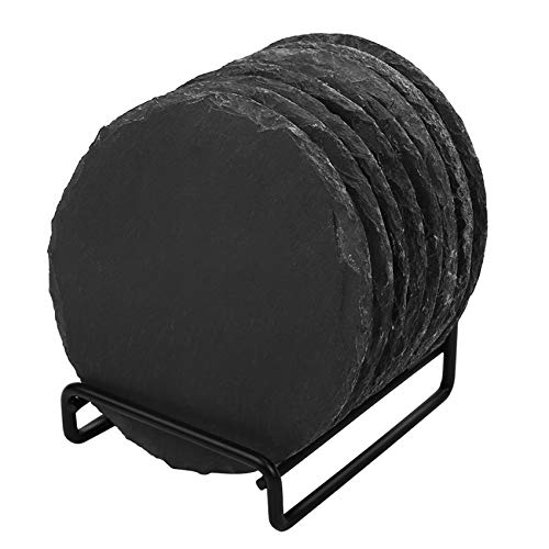 Freehawk Slate Stone Coasters Set of 8 Round Black Natural Edge Stone Drink Coasters with Steel Stand for Bar and Home - 39” in Diameter