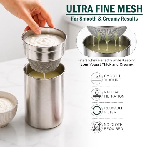 Image of JD Fresh Stainless Steel Greek Yogurt and Hung Curd Maker /Airtight Storage Container with Multipurpose Food & Oil Strainer /BPA Free Fine Mesh Stainer for Thik Homemade Curd,Panner & More (750 ML)