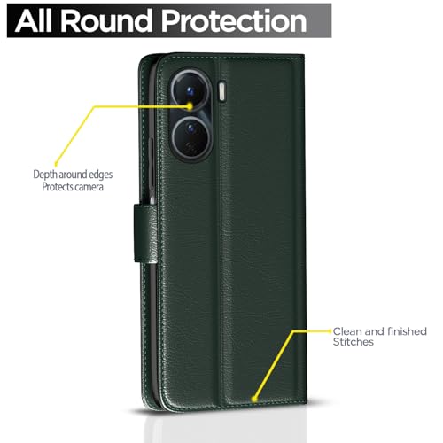 Image of Pikkme Flip Cover for Vivo Y16 Leather Finish | Inside TPU with Card Pockets | Wallet Stand and Shock Proof | Complete Protection Flip Case (Green)