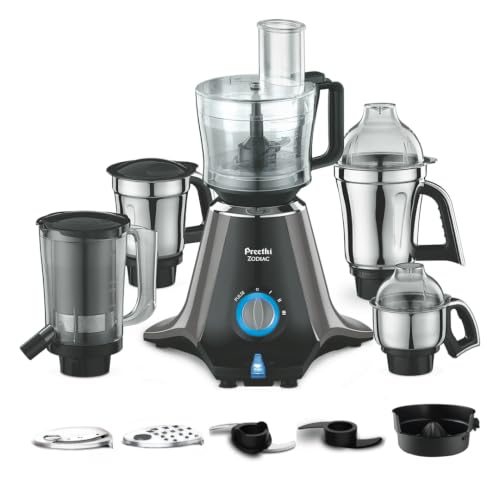 Preethi Zodiac MG218 750 Watts Mixer Grinder, 5 Jars (1 Food Processor Jar, 3 Stainless Steel Jars, Centrifugal Juicer Jar), Atta Kneading,Powerful Grinding,2 Year Warranty,Lifelong Free Service,Black