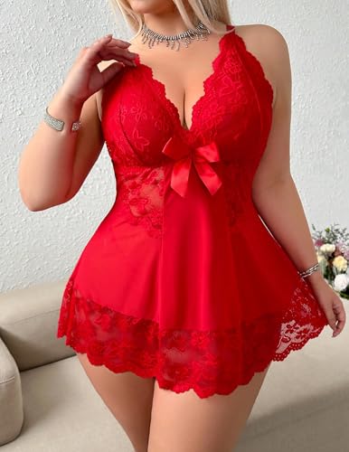 Image of Alrovetoney Women Plus Size Babydoll Lingerie Lace Chemise Mesh Sleepwear Strappy Sexy Nightgown Boudoir Outfit L-4XL