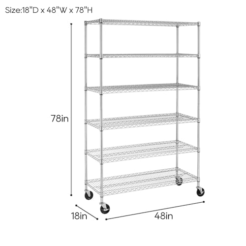 Image of BestOffice | 6-Tier Wire Storage Shelves with Wheels | 18x48x78 | Chrome | Adjustable Racks | Heavy-Duty Metal Shelf, Holds Upto 600 lbs | No-Tool Assembly | Ideal for Home & Garage Shelving