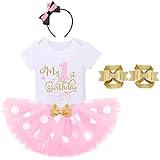 IBTOM CASTLE Baby Girls Cake Smash 1st Birthday Outfit Set Romper Bodysuit Dress+Polka Dots Tutu Skirt+ Ears Headband+Barefoot Sandals Foot Bands for Newborns Infants Photograph Pink-Gold 1T
