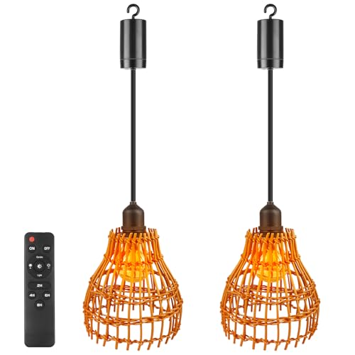 Lámpara colgante con caja de pilas y mando a distancia: 2 piezas de lámpara colgante de ratán inalámbrica con temporizador, lámpara colgante vintage de ratán para balcón, terraza, dormitorio, lámpara