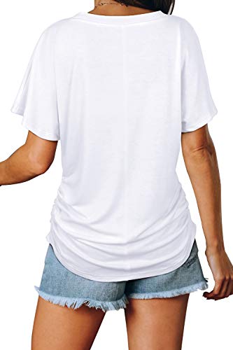 Image of WIHOLL Womens Summer T-Shirts Short Sleeve V Neck Dolman Tops with Side Shirring Loose Fit Shirts Spring Fashion
