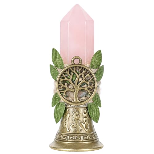 RENEMEGO Pink Crystal Hand Bell, Vintage Brass Witch Bell for Energy Cleansing, Witchcraft Altar Supplies with Tree of Life Decoration for Wiccan Ritual Meditation Spiritual Home Decor