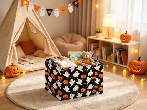 Image of Halloween Basket Cute Baskets for Kids Pumpkin Basket Rectangular Storage Bin Organizer Box Room Decor(Black Ghosts)