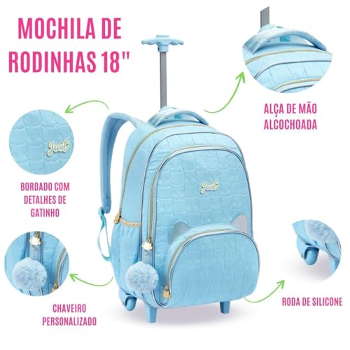 Kit Material Escolar Teen Feminino, Mochila de Rodas + Lancheira Térmica + Estojo, para Meninas (Azu