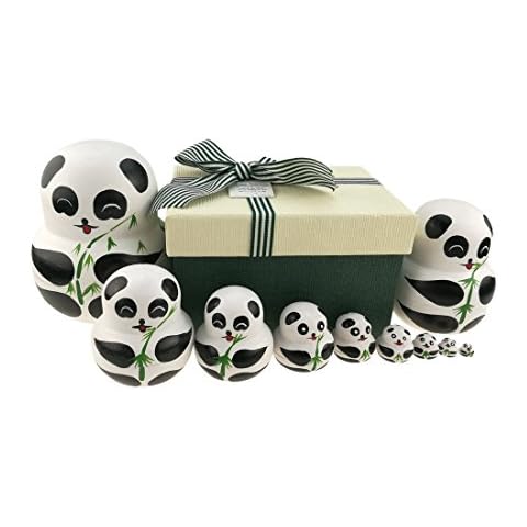 Set of 10 Big-belly Wooden Handmade Panda Bear With Bamboo Nesting Dolls Matryoshka Russian Doll in a Box With Bow For Kids Toy Home Decoration New Year Cover