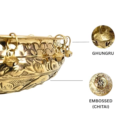 Image of Decorative Brass Urli Bowl with Bells | Traditional Indian Flower Bowl for Floating Diyas & Marigolds | Antique Gold Finish for Festive Decor (6 inch) (8 inch)