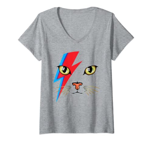Mujer Meowie Bowie Gato Retro Gato Gato Divertido Glam Rock Música Camiseta Cuello V