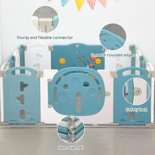 HAPPYMATY Foldable Baby Playpen, Portable Play Yard for Babies and Toddlers with Safety Lock Gate & Game Panel, Adjustable Indoor Outdoor Play Pen, Activity Play Center, 18-Panel, Green White by HAPPYMATY - Used condition - Image 3
