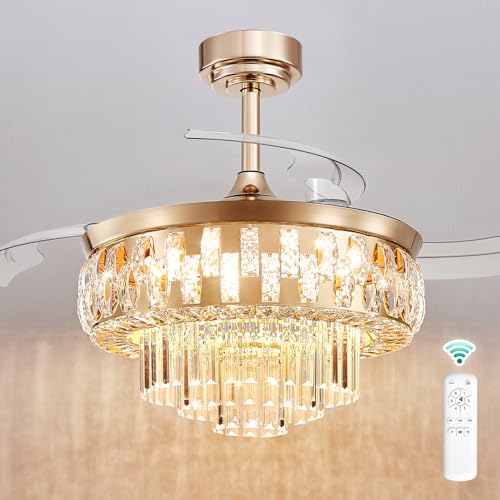 LODADRA Retractable Ceiling Fan with Lights Remote Control, 42 Inch Modern Fandelier Ceiling Fan for Bedroom Living Room, LED 3 Color, Quiet DC Motor, 6 Speed