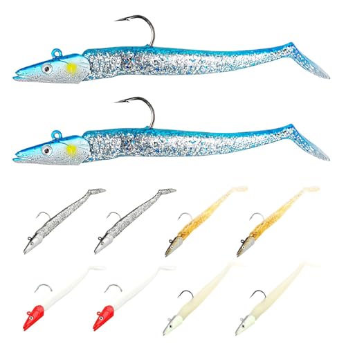 10PCS T-Tail Soft Fishing Lures with Jig Heads,11cm Realistic Fishing Lure with 3D Eyes Paddle Tail Soft Fish Baits Saltwater Cod Sand Eel Bass Lures for Sea Bass Pike Trout Uk Sea