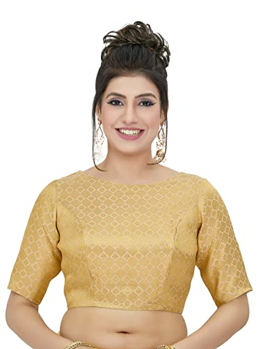 Madhu Fashion Women Golden Brocade Readymade Saree Blouse with Elbow Length Sleeves (34,Gold)