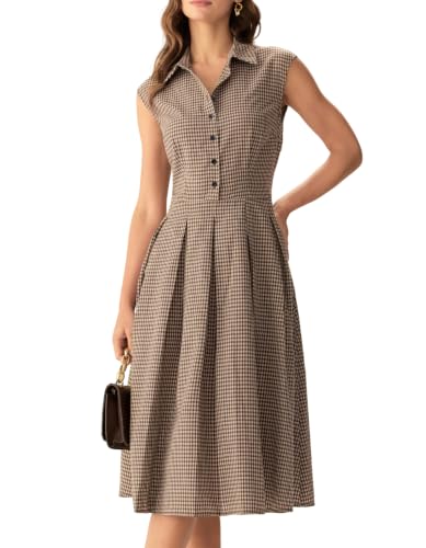 RIHOAS Women's Plaid Dress Sleeveless Button Up A Line Work Office Dress