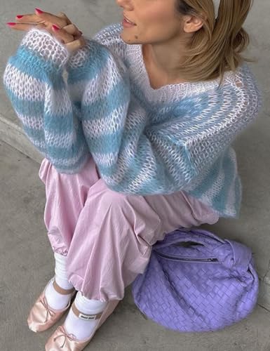 Perbai Womens Oversized Rainbow Sweater Casual Crewneck Batwing Long Sleeve Striped Loose Knit Jumper Top4