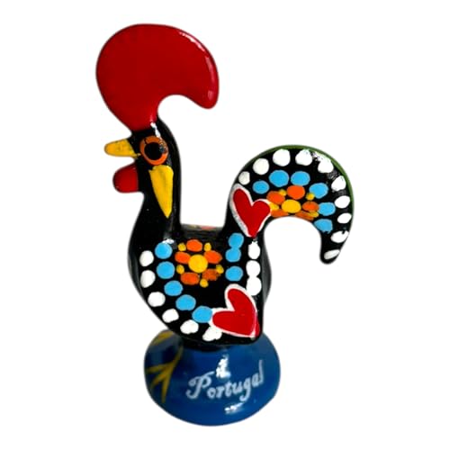 Portugal Galo De Barcelos, arte popular portugués, gallo pintado a mano, arcilla policromada, símbolo de buena suerte y prosperidad, recuerdo de Portugal (2.5 pulgadas o 2.5 pulgadas de alto) (negro)