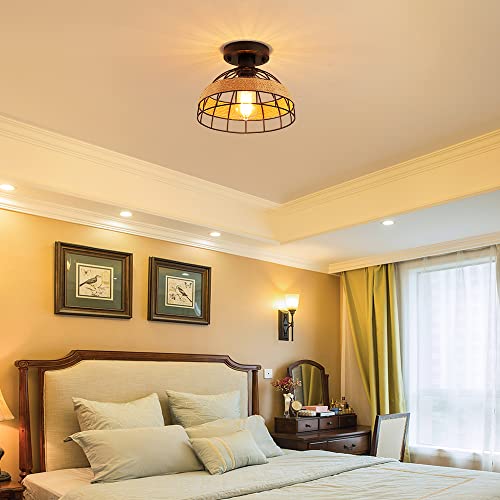 Dijiahua 2 Pack Black Industrial Woven Semi Flush Mount Ceiling Light Fixture，Small Rattan Dome Farmhouse Shade Lighting For Porch Hallway Bedroom Kitchen #TOP7