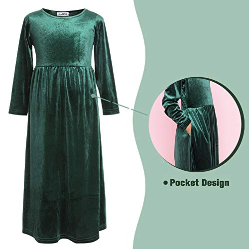Gaziar Girls Maxi Velvet Dress With Pockets Long Sleeve Daily Casual Dress Party Dress For Kids Evening Gown Christmas Wedding Holiday Green Small（5-6 Years） #TOP2