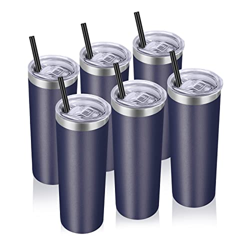 VEGOND Stainless Steel Tumblers Bulk 6 Pack, 20 oz Vacuum Insulated Skinny Tumblers with Lid and Straw, Double Wall Coffee Mug, Travel Water Cup, Navy Blue by VEGOND - Used condition - US$20.61