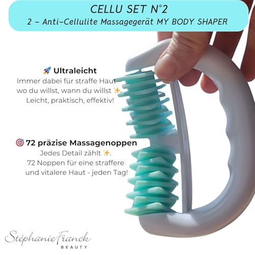 Stephanie Franck Beauty Cellulite Massage Set N°2 - enthält 1 My Body Shaper Massageroller, 2 My Cellu Shaper Silikon Cups (5,5 cm), und 1 Yoga Band - Für straffe Haut (Türkis)