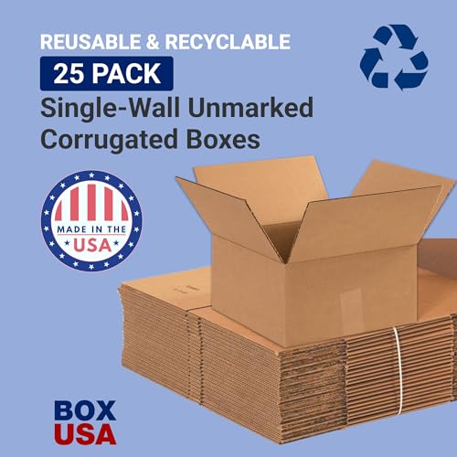 Image of BOX USA Shipping Boxes 12 inchL x 12 inchW x 6 inchH 25-Pack Flat Corrugated Cardboard Box for Packing, Moving and Storage