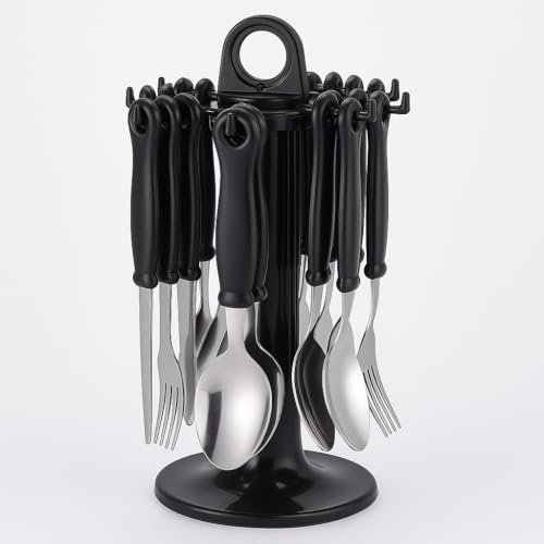 RANRHA 24-Piece Stainless Steel Cutlery Set with Black Handles – Includes Dinner Spoons, Forks, Knives & Teaspoons – Durable, Dishwasher Safe Flatware with Storage Stand