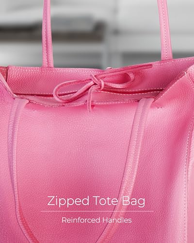 Image of Genuine Italian Leather Tote Bag for Women, Large Slouchy Purse, Pink | Unstructured bag, raw unlined interior with zip pocket, top zipper, side ties, folds flat, fits a 16-inch laptop, lightweight