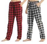 YUSHOW 2er Pack Schlafanzughose Damen Lang Flanell Baumwolle Karierte Pyjamahose Winter Weich Nachtwäsche Hose Freizeithose mit Taschen und Kordelzug, Grau Schwarz Kariert+Rot Schwarz Kariert Größe S