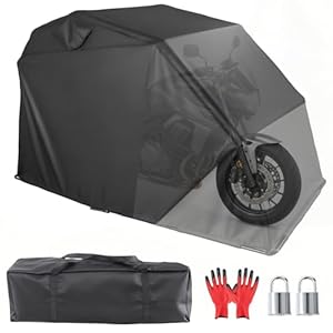 Funda de almacenamiento para motocicleta, 110 x 47 x 63 pulgadas, con cerradura y bolsa de transporte, cubierta de cobertizo de vehículo resistente, tienda de campaña con 2 ventanas laterales