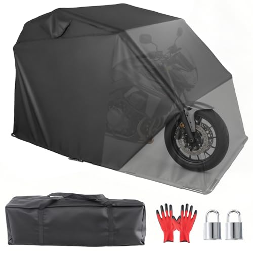 Motorcycle Cover Shelter Storage, 110' x 47' x 63', with Lock & Carry Bag, Heavy Duty 600D Oxford Vehicle Shed Cover Garage Tent with 2 Roll-Up Side Windows - Black